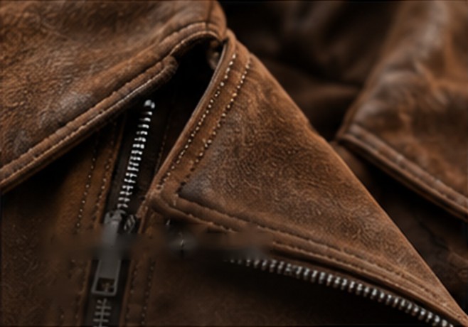 Detail of a brown suede jacket collar and zip