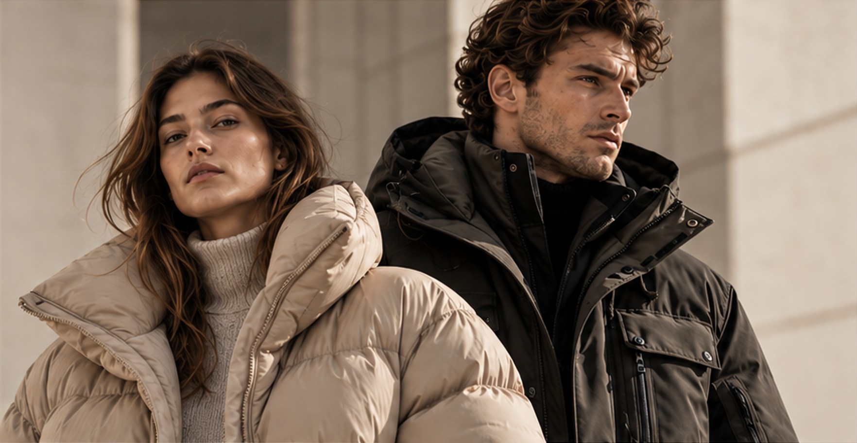 Woman in a beige puffer jacket and man in a dark technical parka, private label outerwear by Legenda Fashion