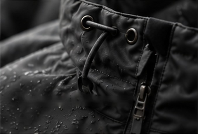 Detail of a technical parka hood with drawcord
