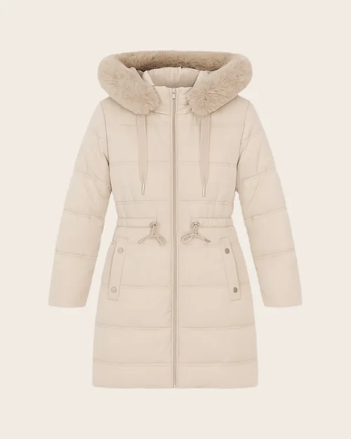 Irene — Lange Steppjacke, Kapuze mit Kunstpelzbesatz, Outerwear für Damen von Legenda Fashion